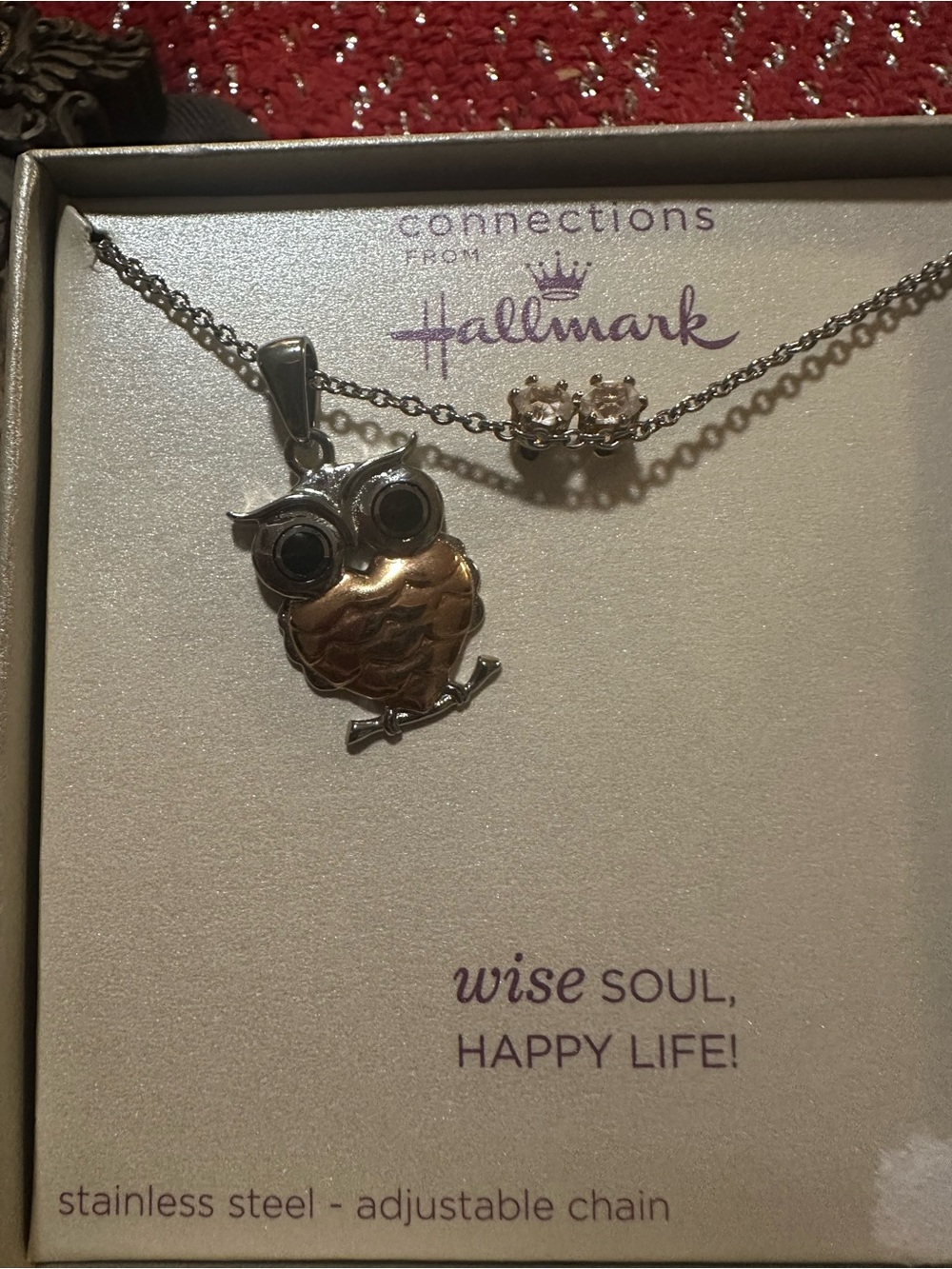 Hallmark Two-Tone Silver and Rose Gold Owl Pendant Necklace with Earrings
